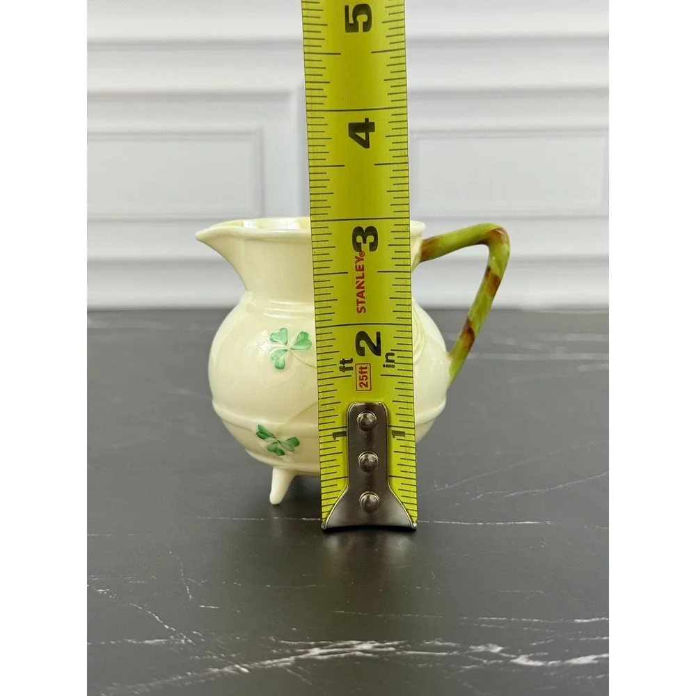 VTG Footed Belleek Pottery Shamrock Creamer Mini Pitcher Green Stamp 1950s